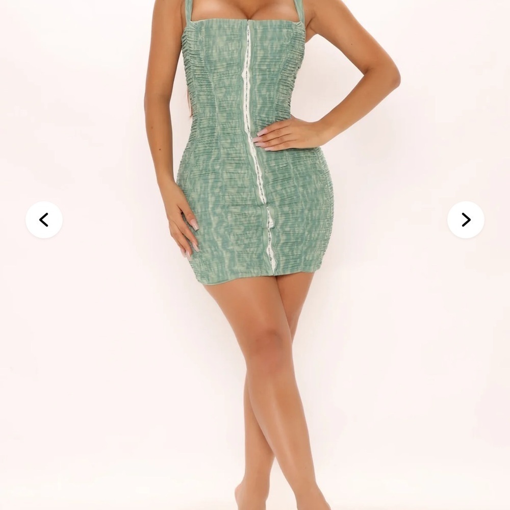 New! Fashion Nova ‘Marlie’ Mesh Green Ruched Mini Dress Women’s Size Medium - Picture 2 of 15
